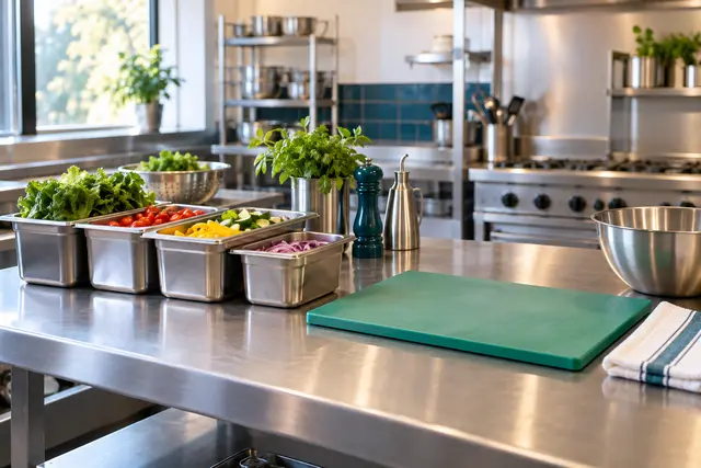 Illustrative food preparation area in a professional kitchen