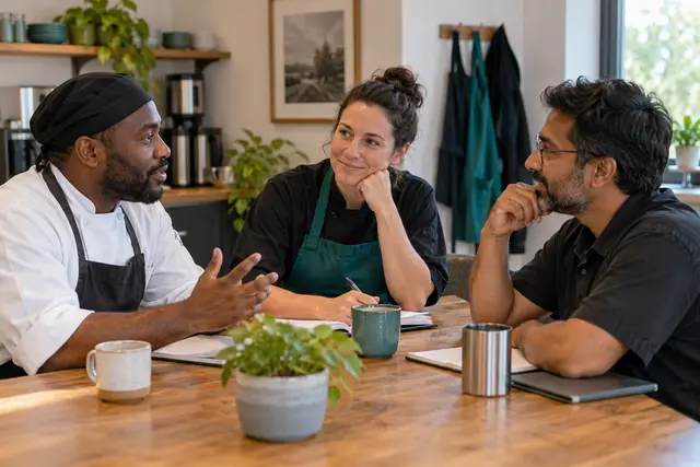 Illustrative team discussion around a work table